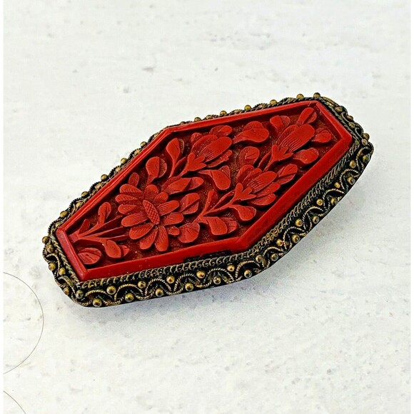 Authentic Cinnabar Dress Clip Gold Tone Hexagonal Art Deco Brass Copper 2 3/8" L - Picture 4 of 8